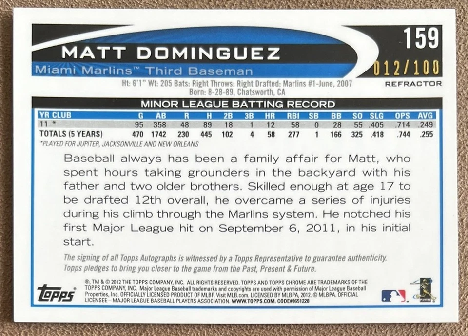 2012 Topps Chrome Black Refractor Rookie Autograph /100 Matt Dominguez #159 SP - Image 3 of 4