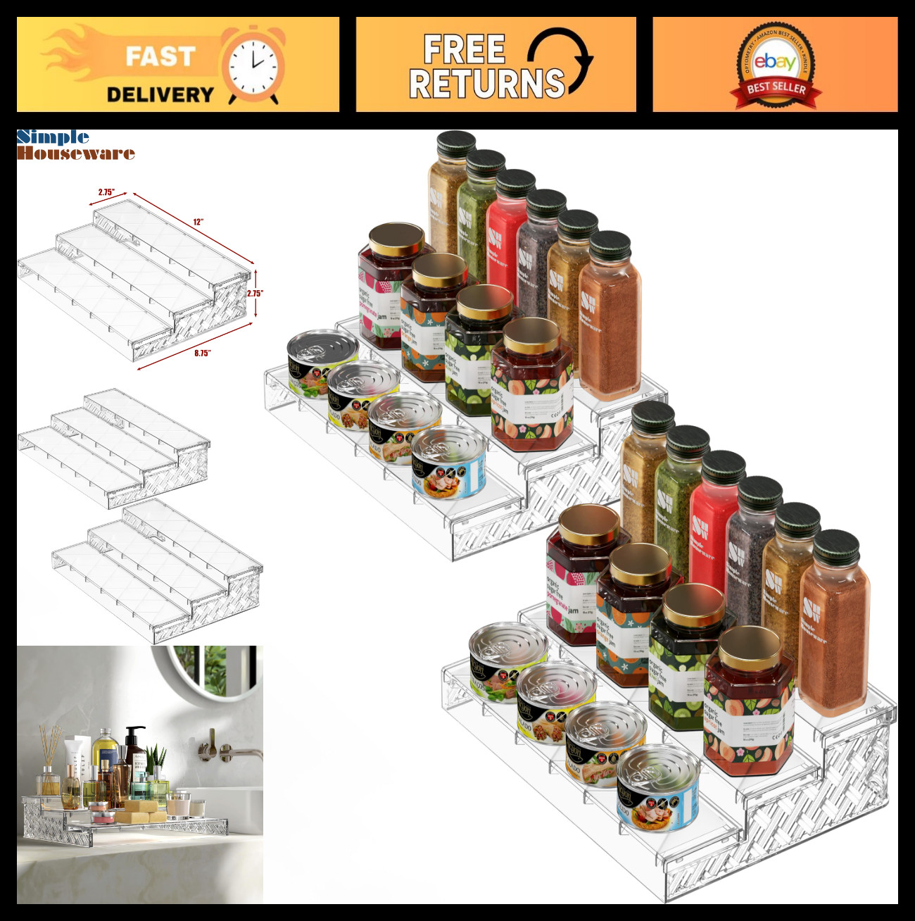 3-Tier Clear Spice Shelf Organizer - Set of 2, Kitchen Storage Rack, Space Saver