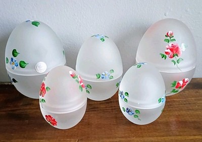 L.E Smith Frosted Glass Eggs | Hand Painted Flowers | Set Of 5 Trinket Container