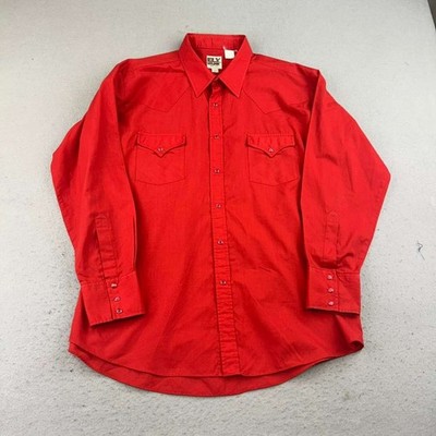 VTG Ely Cattleman Shirt Mens XL 17.5 Red Long Sleeve Snap Button Up Western