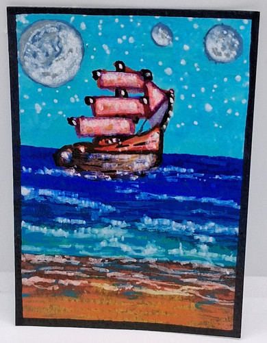 ACEO Original Art Painting Ship Title Sail SIFI Surreal 2.5x3.5in Mixed Media
