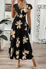 XL US Size 12 Black Floral A Line V-Neck Short Sleeve Maxi Dress New Free Ship