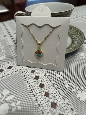 Gold Tone Clover Pendant Necklace Multicolor Enamel Cable Chain Fashion