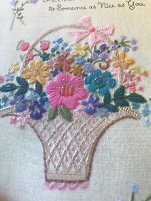 Vintage Greeting Card Get Well Hallmark Glitter Yarn Thread Look Flowers Basket