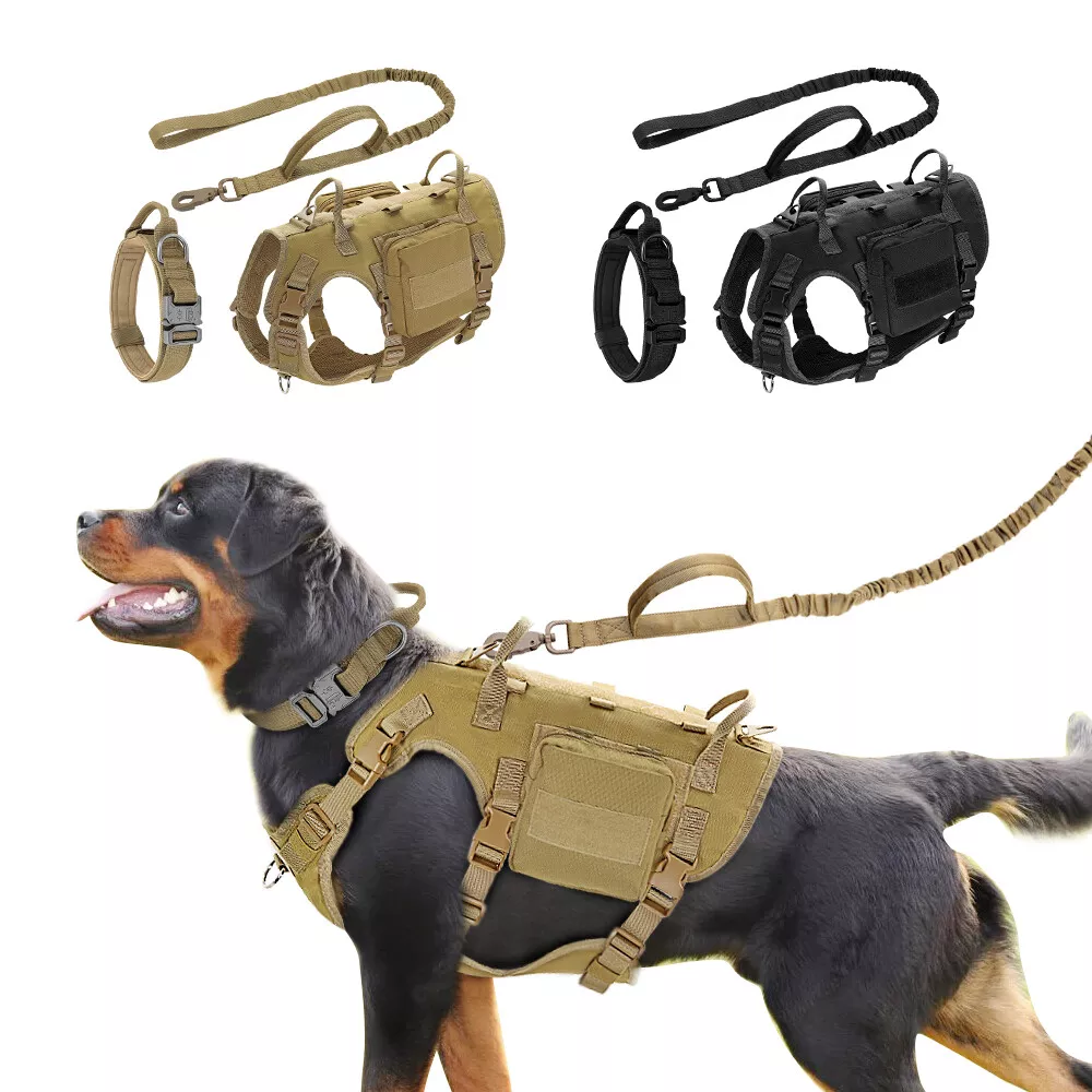 Tactical Dog Harness u0026 Collar u0026 Bungee Dog Leash Set Military Molle Vest u0026  Pouch | eBay