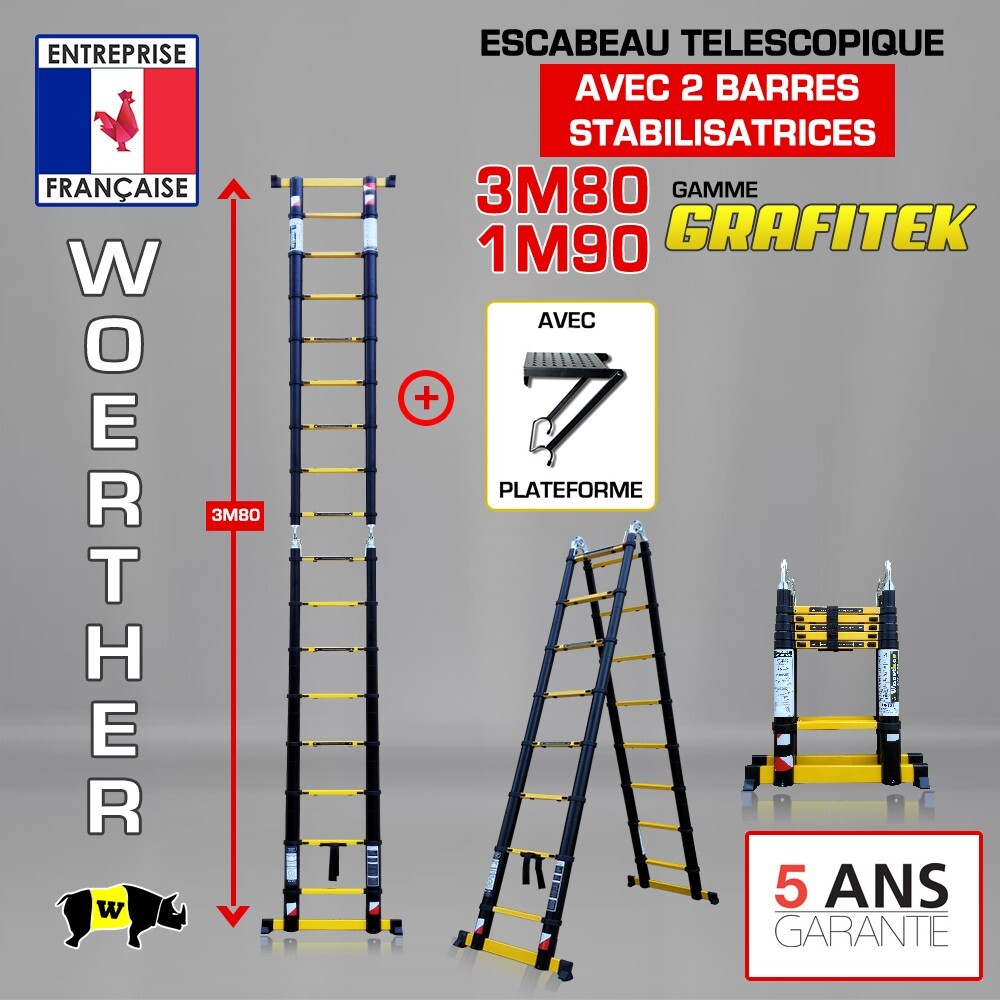 Escabeau télescopique Woerther 1m90 double avec plateforme amovible antidérapante