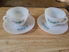 Vintage Fire King Milk Glass Bonnie Blue Flowers 4 pc, 2 Cups and 2 Saucers