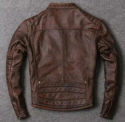 Men's Brown Leather Jacket - Genuine Cowhide Skin Cafe Racer Style - Treva - Picture 2 of 3