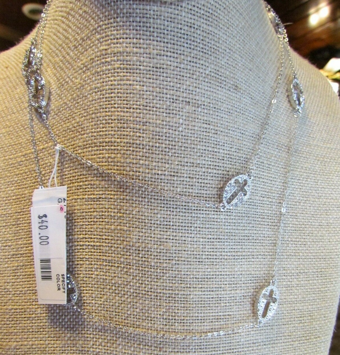 Religious Cross Necklace with Crystal Accent 36 Inch Silver Tone Chain