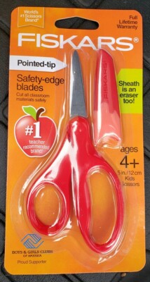 Fiskars antimicrobial handle Pointed Tip 5 inch Kids Scissors - Red with Sheath