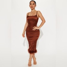 Fashion Nova Freya Feather Brown Midi Dress Medium New