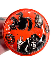 vtg Halloween Noisemaker US Metal tin litho rattle Witch Black Cat owl