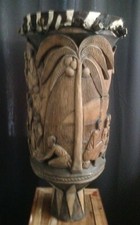 ANCIEN TAM-TAM TAMBOUR DJEMBÉ EN BOIS SCULPTÉ ART AFRICAIN H83 CM VINTAGE 