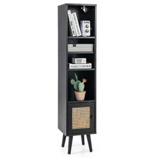 Rattan Storage Cabinet Freestanding Slim Organizer Wood Display Rack Living Room