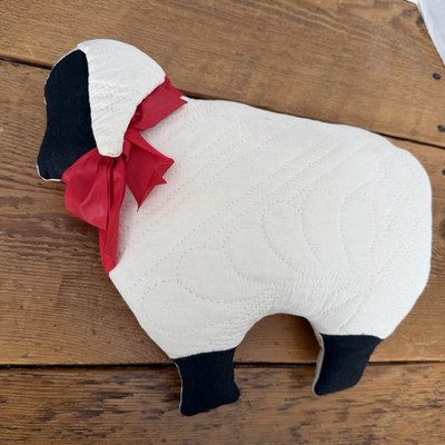 Plush Flat Lamb Sheep Quilted Decorative Pillow White Black 11x8x3  Red Bow