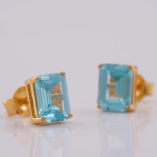 1 CT Emerald Cut Lab Created Aquamarine Stud Earrings 14K Yellow Gold Plated