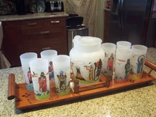 Exc. Vintage Knox Oil Acee Blue Eagle Frosted Glasses, Pitcher and Wooden Tray