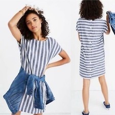 Madewell XS Striped Linen Cotton Button Back Shift Dress Blue White Coastal