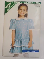 Dress Drop Waist Girls 2 3 4 5 6 6X Butterick See & Sew 3889 Sewing Pattern Cut