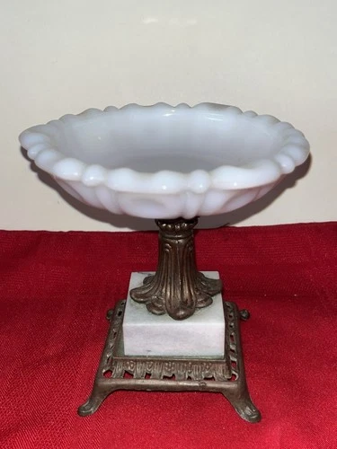 VINTAGE WHITE MILK GLASS RUFFLED EDGE CANDY DISH W METAL & MARBLE PEDESTAL BASE