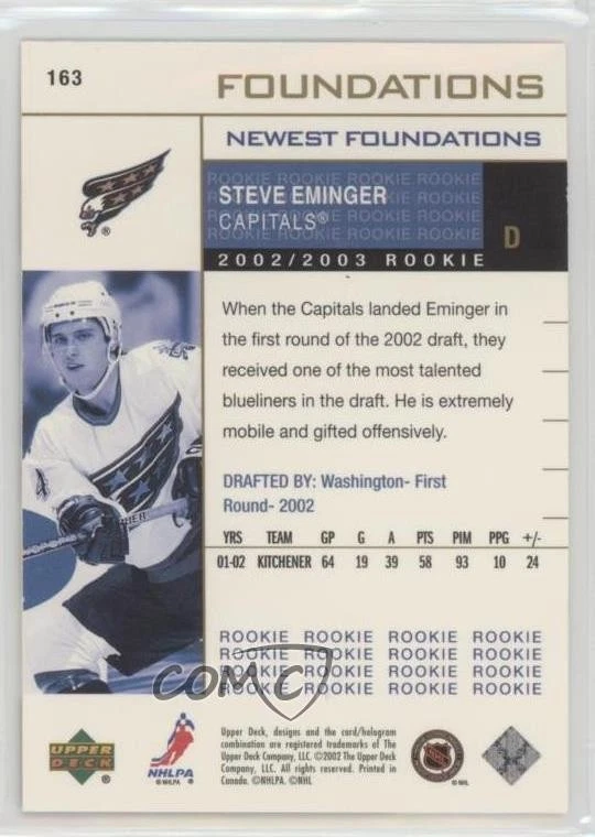 2002 Upper Deck Foundations Missing Serial Number Steve Eminger #163 Rookie RC - Image 2 of 2
