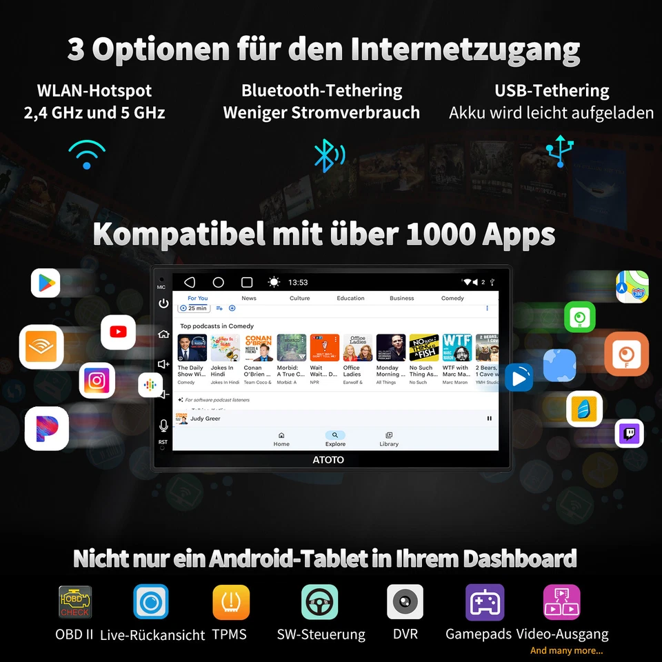 ATOTO A6 7 Zoll Android Autoradio GPS Navi Doppel DIN Wireless Carplay Mit Kamer - Bild 2 von 4