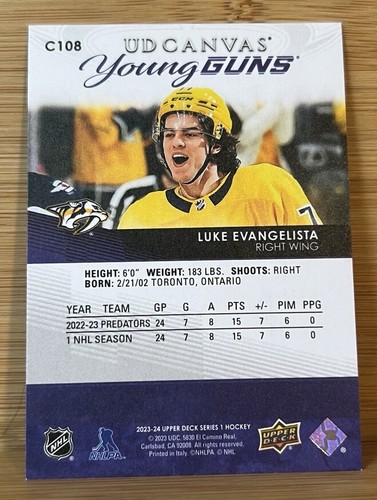 2023-24 Upper Deck Series 1 Young Guns Canvas Luke Evangelista #C108 - Picture 2 of 2