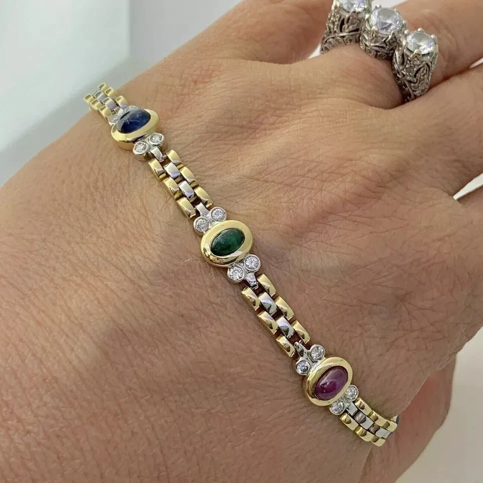 7Ct Oval Simulated Sapphire & Emerald Tennis Bracelet 14K Two Tone Gold Plated - Image 3 of 4