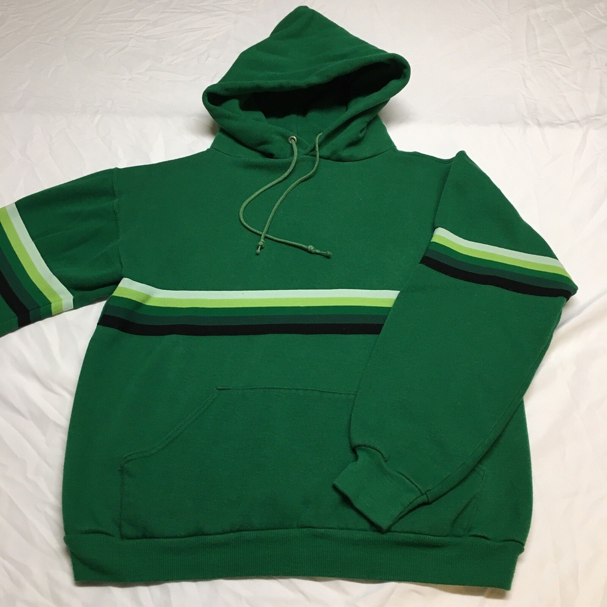 VTG 70s Russell Athletic Green Striped Made In USA Blank Hoodie 