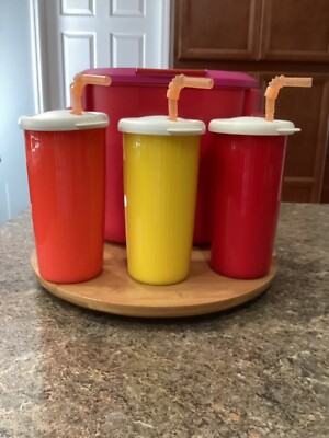 Vtg. Tupperware 2 Gallon Beverage Dispenser 3315 with 3 tumblers,lids,and straws