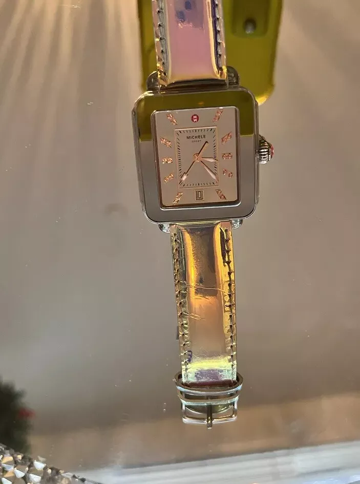 Michele Deco Sport High Shine SS Watch Mirror Dial Pink Topaz