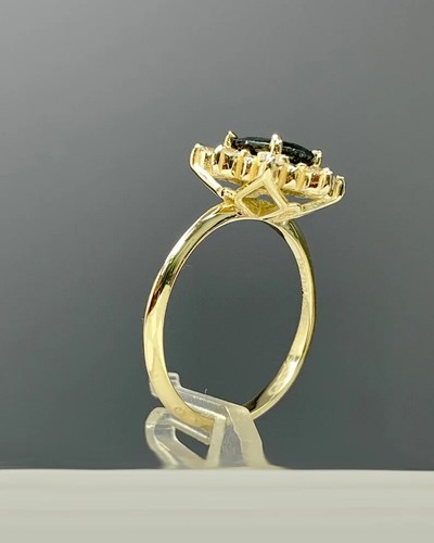 14K Gold Unique Teal Sapphire Classic Engagement Ring Flower Cluster Women ring - Picture 8 of 8