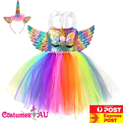 Girls Rainbow Unicorn Princess Costume Book Week Child Kids