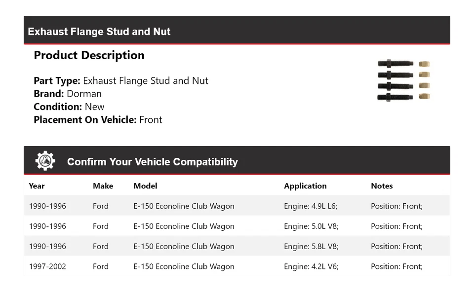Para Ford E-150 Econoline Club Wagon 1990-2002 Dorman brida de escape perno y tuerca Foto 2 de 4