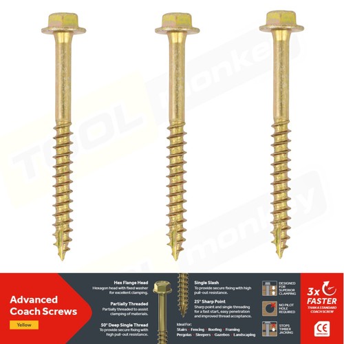 Timco Solo Coach Screw - Yellow Zinc Hex Head - Timber Sleeper 3x Faster + BIT - Picture 2 of 6
