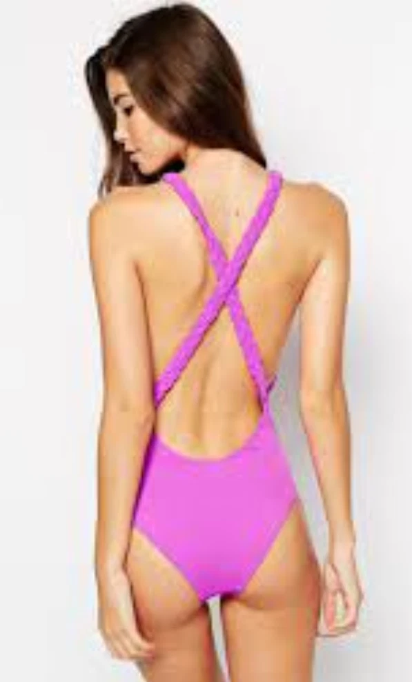 ASOS Tall Plait Back Plunge One Piece Swimsuit Granatina Neon Peach Pink UK14