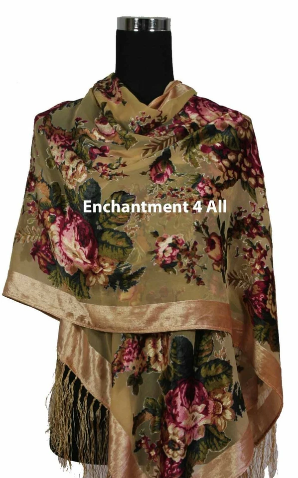 Шикарный 100% шелк выгорания бархата винтажный цветочный продолговатый шарф шаль надежном, верблюд - Изображение 3 из 4