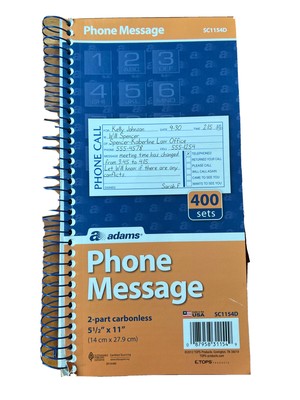 Adams Phone Call 400 Message 2 Part Carbonless Duplicate Spiral Bound Log Book