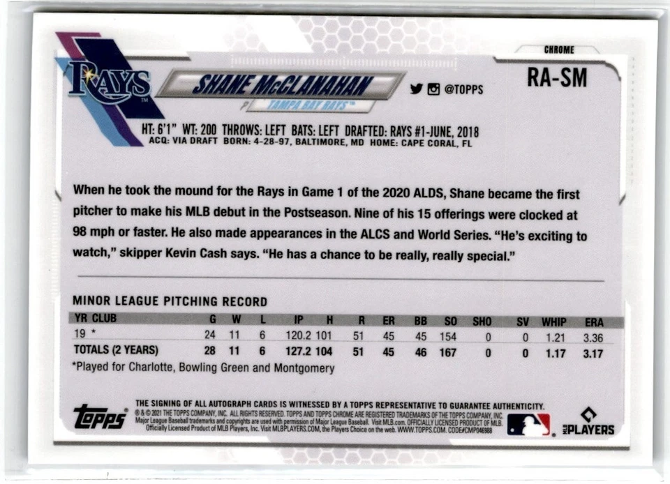 2021 Topps Chrome Sapphire Rookie Autograph Shane McClanahan #RA-SM RC Auto - Image 2 of 2