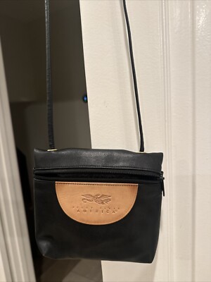 NWOT Vtg Perry Ellis America Black Leather Logo  Small Crossbody Purse