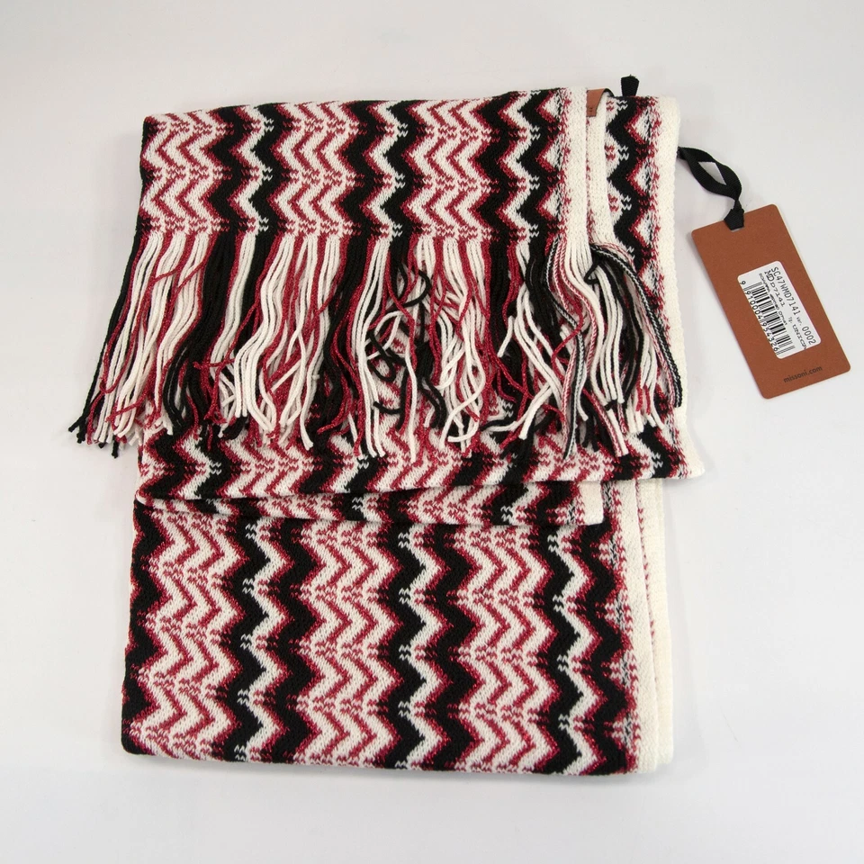 Bufanda Missoni Metálica Roja Negra Mezcla Lana Zig Zag Naranja Etiqueta Flecos Nueva con Etiquetas  Foto 3 de 4