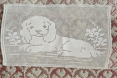 Filet Hand Crochet Doily Puppy Dog With Flowers Grandma Core