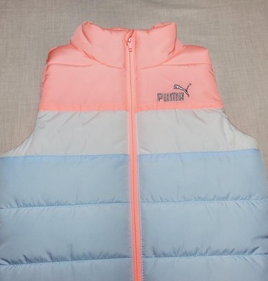 Puma Vest Youth Small 7-8 Pink Blue Colorblock Puffer Full Zip Stand Collar