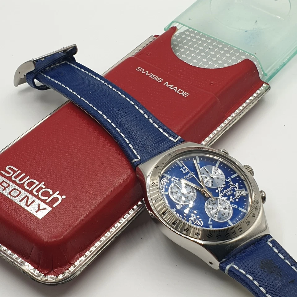 Montre SWATCH Irony Chrono Édition Athènes 2004 Cadran Bleu Acier Boîte Origine - Photo 1/4