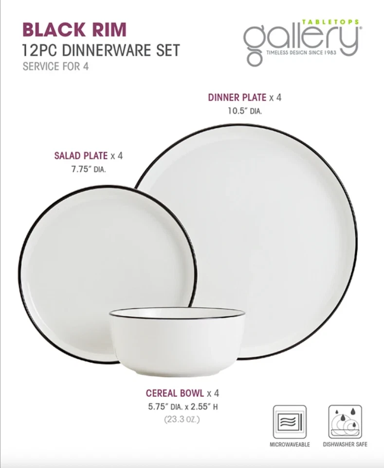 Tabletops Unlimited 12 Pc. Black Rim Dinnerware Set, Service for 4 - Black - Image 2 of 2