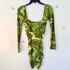 ASOS Long Sleeved Ruched Cowl Front Mini Dress Green Marble Print Size 2