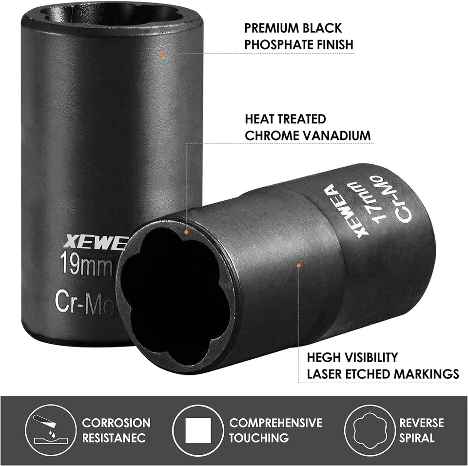 9PCS Bolt Nut Extractor Set, 1/2" Drive Impact Lug Nut Remover Socket Tool Foto 3 de 4