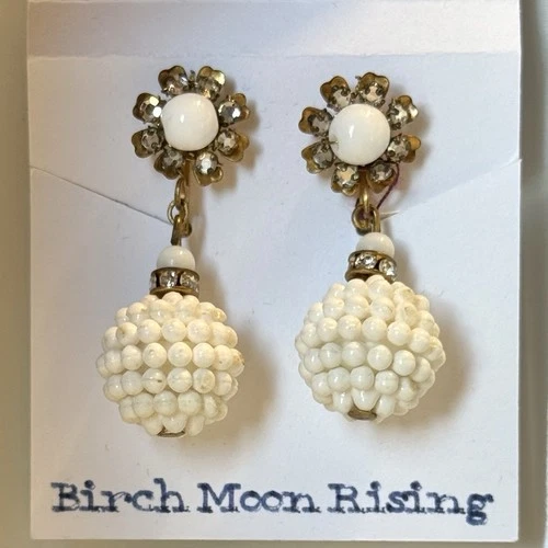 Vintage Miriam Haskell White Popcorn Ball Beaded Drop Earrings Rhinestone Clips