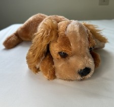 Vintage Russ Dog Plush 14 Laying Puppy Gold Collar Stuffed Animal Korea 1980s