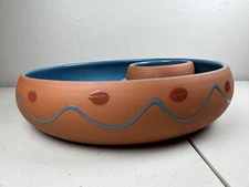 Himark Portugal Terracotta Clay Chip & Dip Salsa Bowl Blue Glaze Rio Ranchero